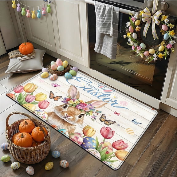 YIMEIS Easter Bunny Eggs 23.6''*35.4'' Oversized Flannel Bath Mat, Non-Slip, Full-Bath Coverage Soft Rug
