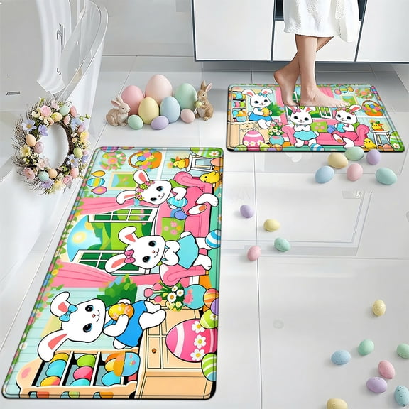 YIMEIS Easter Bunny Eggs Flannel Bathroom Non-Slip Mat Set 15.7''*23.6''/17.7''*47.2'', Soft & Skin-Friendly, Dual-Use Combo for Bathroom & Bedroom
