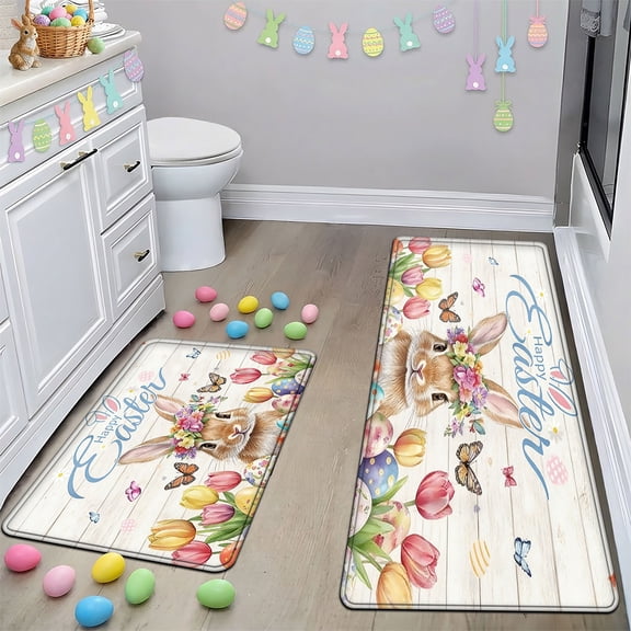 YIMEIS Easter Bunny Eggs Large-Size Flannel Non-Slip Mat Set 19.7''*31.5''/17.7''*47.2'', Soft, Dual-Use Rug for Bathroom & Kitchen
