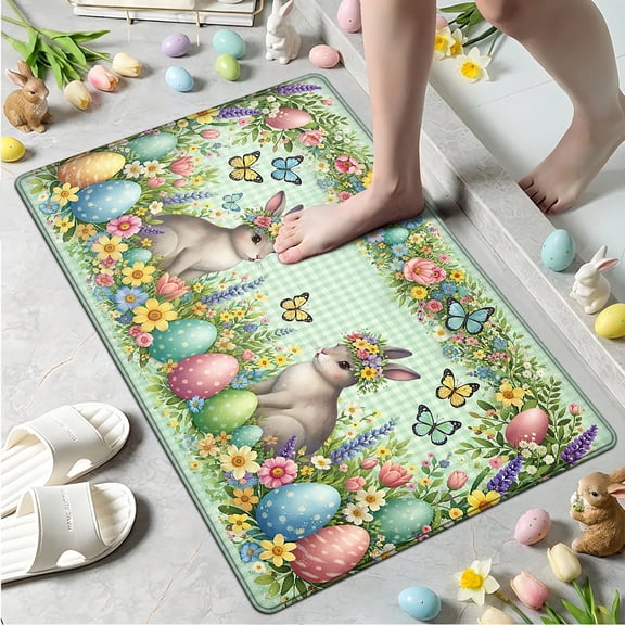 YIMEIS Easter Egg Wreath Soft Non-slip 1Pc Flannel Mat & Kitchen Rugs,Great for Entryway Bathroom