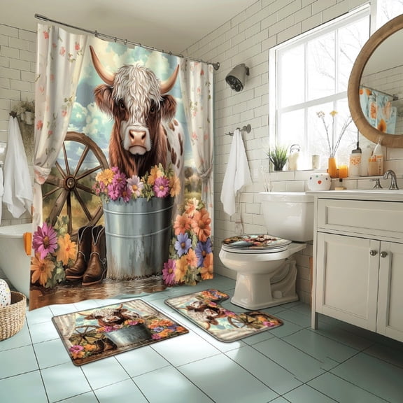 YIMEIS-Farmhouse style,Iron bucket flower and highland cow print shower curtain set,Polyester,Fashionable Bathroom Decoration,Comes with 12Curtain Hooks,Includes Bath mat,Used for Home Decoration