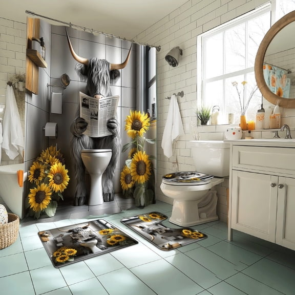 YIMEIS-Farmhouse style A highland cow reading newspapers on the toilet, printed gray shower curtain set,Polyester, Comes with 12 Curtain Hooks, Includes Bath mat, Used for Home Decoration