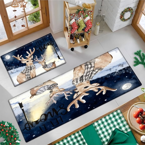YIMEIS Flannel printed Christmas kitchen decorative mats, kitchen mats, bathroom mats, door mats, carpets, durable Christmas Snow Night Deer 15.7'' x 23.6''+17.7'' x 47.2''