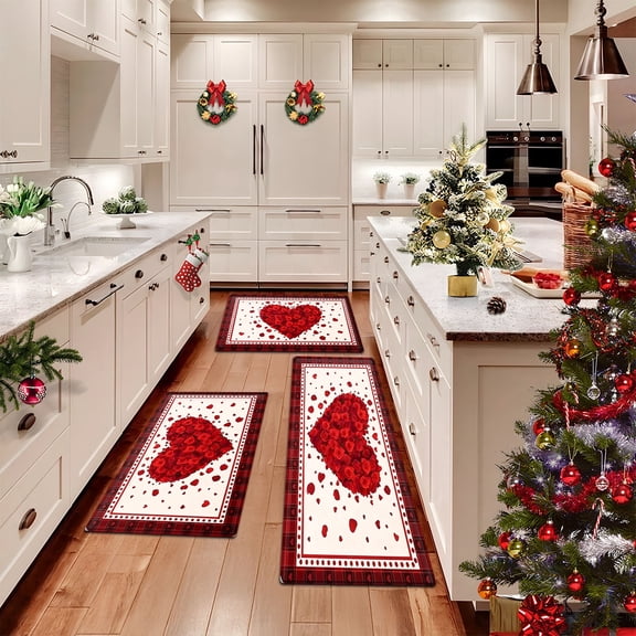 YIMEIS Flannel printed Christmas kitchen decorative mats, kitchen mats, bathroom mats, door mats, carpets, durable Rose Valentine's Day 15.7'' x 23.6''+19.7'' x 31.5''+17.7'' x 47.2''