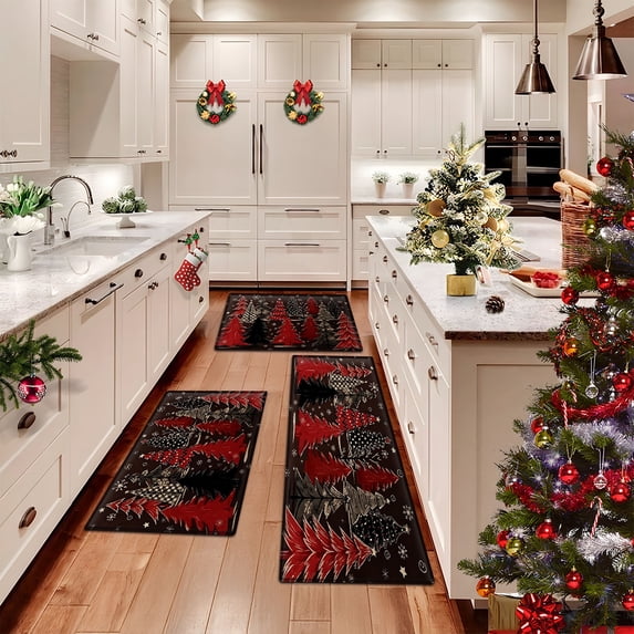 YIMEIS Flannel printed Christmas kitchen decorative mats, kitchen mats, bathroom mats, door mats, carpets, durable Snowflakes Christmas Tree 15.7'' x 23.6''+19.7'' x 31.5''+17.7'' x 47.2''