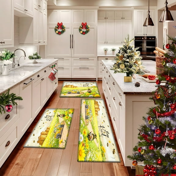 YIMEIS Flannel printed area floor mats, kitchen decorative mats, door mats, and bedroom bathroom carpet mats Bees collect nectar from flowers 15.7'' x 23.6''+19.7'' x 31.5''+17.7'' x 47.2''