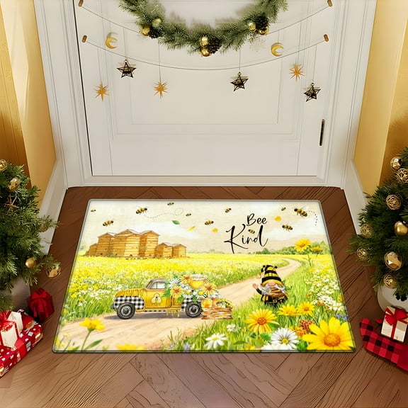 YIMEIS Flannel printed area floor mats, kitchen decorative mats, door mats, and bedroom bathroom carpet mats Bees collect nectar from flowers 15.7'' x 23.6''