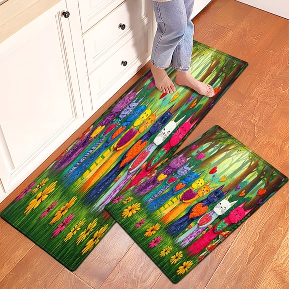 YIMEIS Forest Heart Cat Daily Use 2Pcs Flannel Mat and Kitchen Rugs,Soft Non-slip for Home Entryway Bathroom