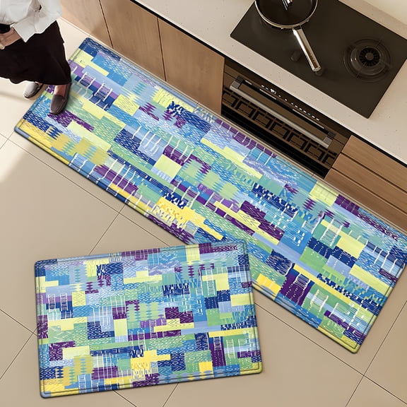 YIMEIS Geometric patchwork, blue, green, purple, and yellow blocks Flannel Floor Mat & Kitchen Rugs 2-Piece Set,Soft Non-slip for Bathroom Entryway Bedroom