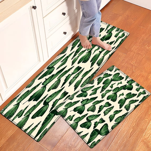 YIMEIS Green butterfly pattern Daily Use 2Pcs Flannel Mat and Kitchen Rugs,Soft Non-slip for Home Entryway Bathroom
