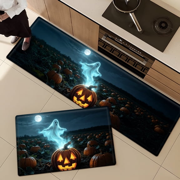 YIMEIS Halloween Glowing Pumpkin Ghost Soft Non-slip 2Pcs Flannel Mat and Kitchen Rugs,16''x24'' & 17''x47'',for Bathroom Entryway Bedroom