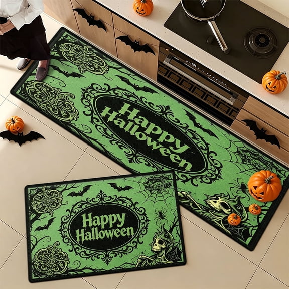 YIMEIS Halloween Green Skull, Bat, and Spider Web 2Pcs Versatile Flannel Mat & Kitchen Rugs,Soft Non-slip for Bathroom Entryway
