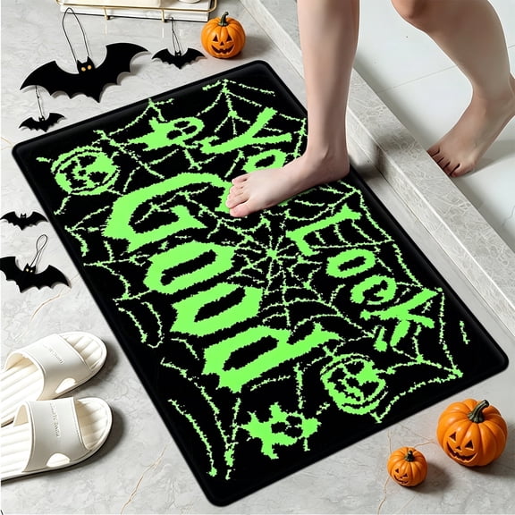 YIMEIS Halloween Green Spider Web Multi-purpose 1-Piece Flannel Mat and Kitchen Rugs,Soft Non-slip for Home Bedroom Bathroom