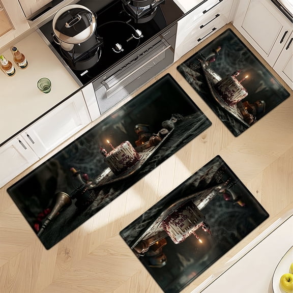 YIMEIS Halloween Horror Cake 3Pcs Flannel Mat & Kitchen Rugs Set,Soft Non-slip,16''×24'' 20''×30'' 17''×47'' Inches,for Entryway Bathroom