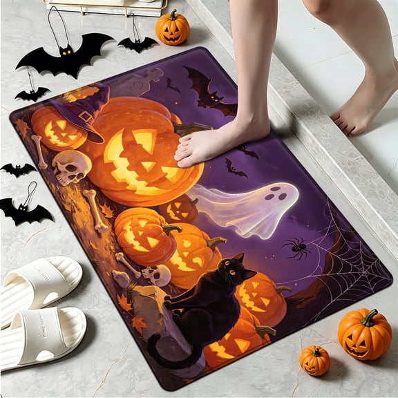 YIMEIS Halloween Pumpkin Lantern Ghost Black Cat 1Pc Flannel Mat and Kitchen Rugs,Soft Non-slip,Perfect for Home Bathroom