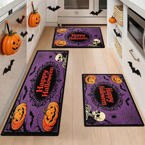 YIMEIS Halloween Pumpkin Lanterns 3Pcs Flannel Mat and Kitchen Rugs Set,Soft Non-slip,Perfect for Home Bathroom