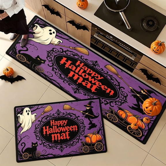 YIMEIS Halloween Purple Pumpkin Daily Use 2Pcs Flannel Mat and Kitchen Rugs,Soft Non-slip for Home Entryway Bathroom