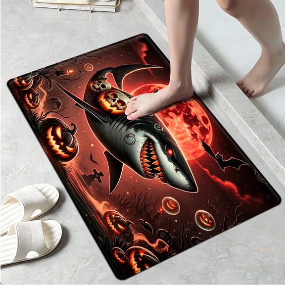 YIMEIS Halloween Red Moon Shark Jack-o '-lantern Bat 1Pc Flannel Mat & Kitchen Rugs,Soft Non-slip,16''×24'' Inches,for Entryway Bathroom