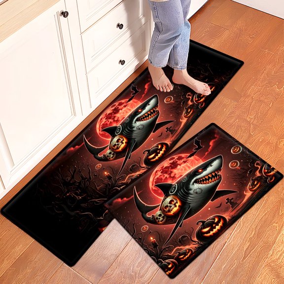 YIMEIS Halloween Red Moon Shark Jack-o '-lantern Bat Flannel Floor Mat & Kitchen Rugs 2-Piece Set,Soft Non-slip for Bathroom Entryway Bedroom
