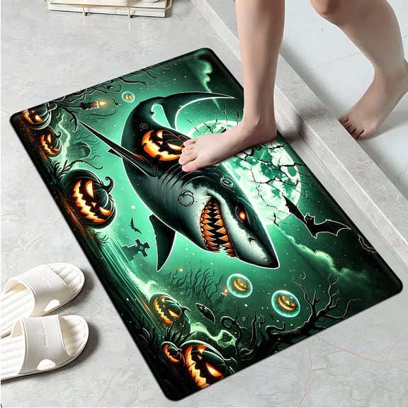 YIMEIS Halloween Shark Jack-o '-lantern Green Moon 1Pc Flannel Mat & Kitchen Rugs,Soft Non-slip,16''×24'' Inches,for Entryway Bathroom