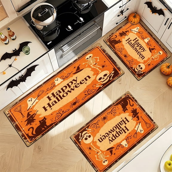 YIMEIS Halloween Skull Multi-purpose 3-Piece Flannel Mat and Kitchen Rugs,Soft Non-slip for Home Bedroom Bathroom