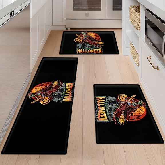 YIMEIS Halloween Skull Wizard Household 3Pcs Flannel Mat and Kitchen Rugs,Soft Non-slip for Bedroom Entryway