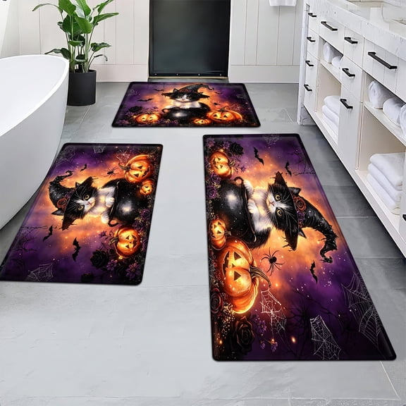 YIMEIS Halloween jack-o '-lanterns 3Pcs Everyday Flannel Mat & Bath Rugs,16''×24'' 20''×30'' 17''×47'' Soft Non-slip for Bathroom Kitchen