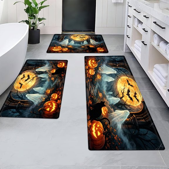 YIMEIS Halloween jack-o '-lanterns 3Pcs Flannel Mat & Bath Rugs Set,Soft Non-slip,16''×24'' 20''×30'' 17''×47'' Inches,for Entryway Kitchen