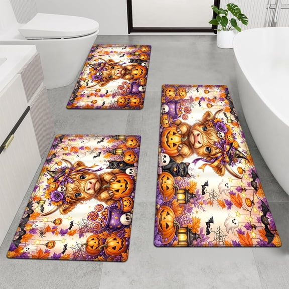 YIMEIS Halloween jack-o '-lanterns Soft Touch 3Pcs Flannel Mat & Bath Rugs,16''×24'' 20''×30'' 17''×47'' Non-slip for Home Decoration Kitchen Entry