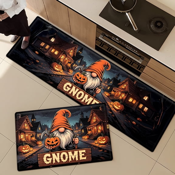 YIMEIS Halloween orange pumpkin Flannel Floor Mat & Kitchen Rugs 2-Piece Set,Soft Non-slip for Bathroom Entryway Bedroom