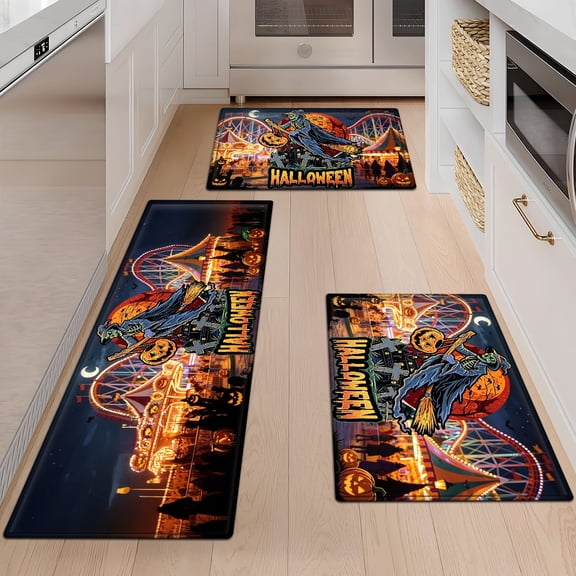 YIMEIS Halloween skull jack-o '-lantern 3Pcs Flannel Mat & Kitchen Rugs Set,Soft Non-slip,16''×24'' 20''×30'' 17''×47'' Inches,for Entryway Bathroom
