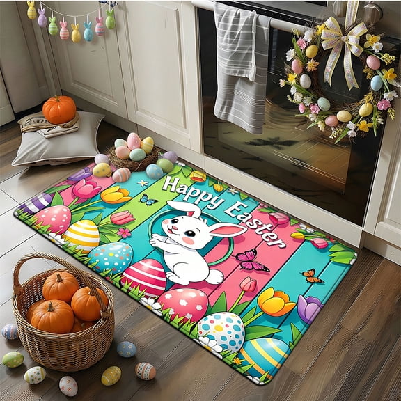 YIMEIS Happy Easter 17.7''*47.2'' Long Flannel Bath Mat, Non-Slip, Anti-Skid Rug for Bathroom Aisle & Bathtub Side