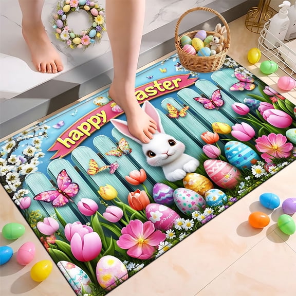 YIMEIS Happy Easter Bunny Non-Slip Skin-Friendly Flannel Mat 15.7''*23.6'', Rug for Post-Shower Bathroom, Wear-Resistant Mat for Bedroom