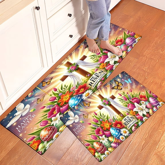 YIMEIS Happy Easter Flower Cross Butterfly Egg Fall Kitchen Rugs Set of 2, Holiday Kitchen Mat Decor Home Decorations, Green Mats for Kitchen Floor - 16''*24'' and 17''*47'' in