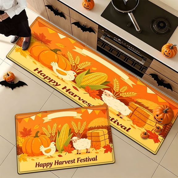 YIMEIS Harvest Festival Pumpkin Flannel Floor Mat & Kitchen Rugs 2-Piece Set,Soft Non-slip for Bathroom Entryway Bedroom
