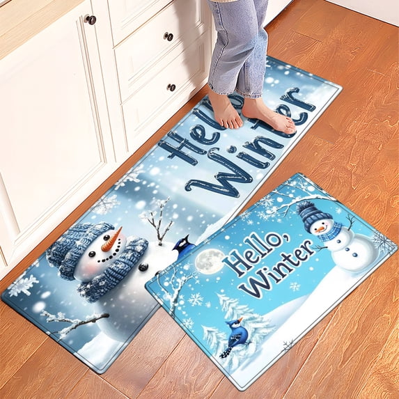 YIMEIS Hello Winter Snowman Snowflakes Machine Washable Non-Slip Rubberback Indoor Runner Rug/Area Rug for Kitchen, Hallway, Kitchen, Entryway, Bathroom, 3 Piece Set - 16''*24''/20''*32''/47''*18''