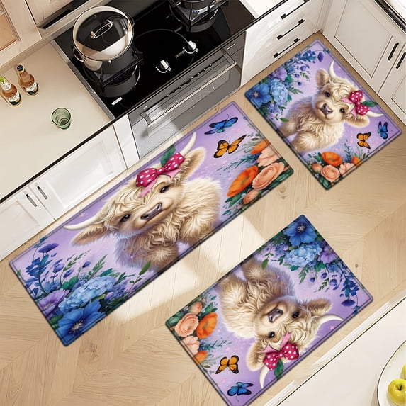 YIMEIS Highland cows among flowers Floral rug 3Pcs Everyday Flannel Mat & Kitchen Rugs,Soft Non-slip for Bathroom Bedroom