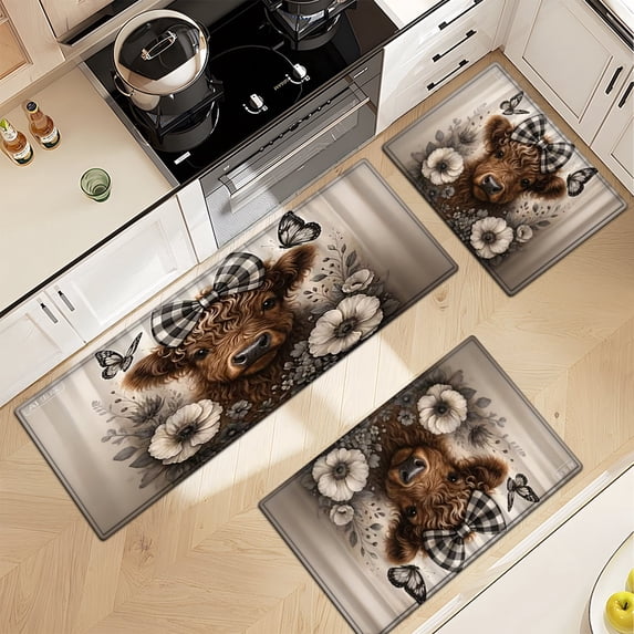 YIMEIS Highland cows among flowers in spring Floral rug 3Pcs Flannel Mat and Kitchen Rugs Set,Soft Non-slip,Perfect for Home Bathroom