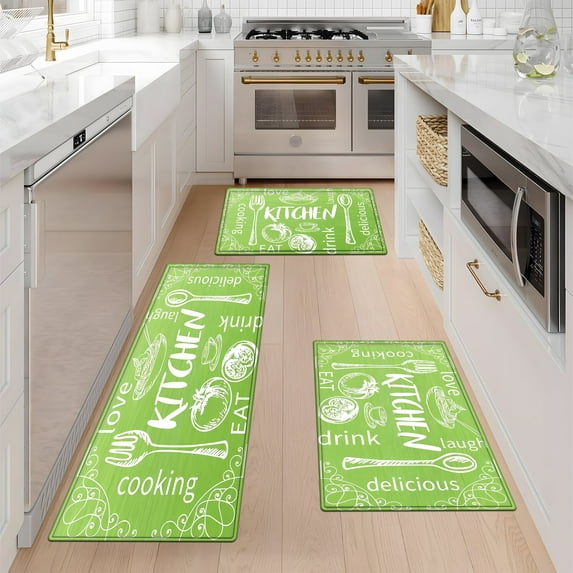 YIMEIS Kitchen Gourmet Green Background Kitchen Decor Set of 3 Christmas Fall Kitchen Rugs, Xmas Decorative Farmhouse Floor Mats for Home Kitchen Dining Room Decorations