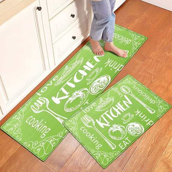 YIMEIS Kitchen Gourmet Green Background Kitchen Mat Rug Set - 2 Pcs Perfect for Kitchen Counter, 16''*24''/47''*18'', Functional for Decoration