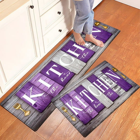 YIMEIS Kitchen Purple Wooden Background Fall Kitchen Rugs Set of 2, Xmas Holiday Kitchen Mat Decor Home Decorations, Green Christmas Mats for Kitchen Floor - 16''*24'' and 17''*47'' in