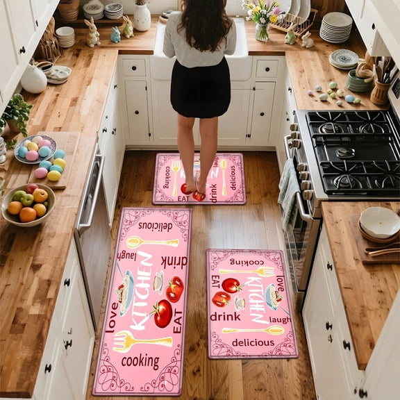 YIMEIS Kitchen happy hour Flannel Kitchen Floor Mats 3Pcs, Non-Slip Machine Washable Runner Rugs for Kitchen & Doorway