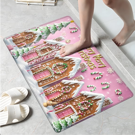 YIMEIS Kitchen rugs Washable flannel Printed Area Rug and Mats DoorMats, Door Mat,Autumn and Winter Festival Decoration-Christmas Snowhouse 19.7'' x 31.5''Pink