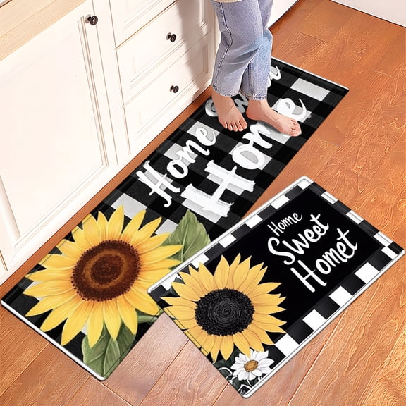 YIMEIS Kitchen rugs Washable flannel Printed Area Rug and Mats DoorMats, Door Mat,Autumn and Winter Festival Decoration-Sunflower Black and White Grid 15.7'' x 23.6''+17.7'' x 47.2''