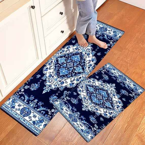 YIMEIS Kitchen rugs Washable flannel Printed Area Rug and Mats DoorMats, bath mat,Autumn and Winter Festival Decoration-Bohemian Geometry-Deep Blue 15.7'' x 23.6''+17.7'' x 47.2''Pink