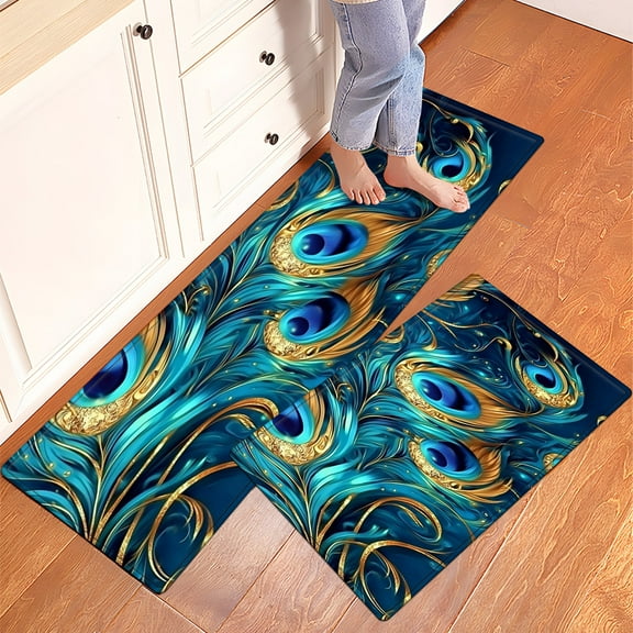 YIMEIS Kitchen rugs Washable flannel Printed Area Rug and Mats DoorMats, bath mat,Autumn and Winter Festival Decoration-Peacock feathers blue 15.7'' x 23.6''+17.7'' x 47.2''