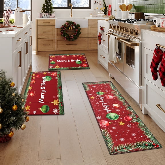 YIMEIS Kitchen rugs flannel Printed Area Rug and Mats DoorMats, bath mat,Autumn and Winter Festival Decoration gift-"Merry & Bright"-15.7'' x 23.6''+19.7'' x 31.5''+17.7'' x 47.2''
