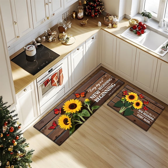YIMEIS Kitchen rugs flannel Printed Area Rug and Mats DoorMats, bath mat,Autumn and Winter Festival Decoration gift-Sunflowers' New Beginning '-15.7'' x 23.6''+17.7'' x 47.2''