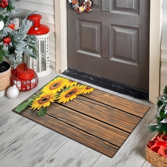 YIMEIS Kitchen rugs flannel Printed Area Rug and Mats DoorMats, bath mat,Autumn and Winter Festival Decoration gift-Sunflowers and imitation wood grain-15.7'' x 23.6''