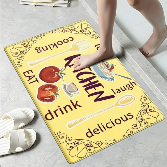 YIMEIS Kitchen tableware with yellow background Kitchen Mat Rug - Perfect for Kitchen Counter, 16''*24'', Functional for Decoration